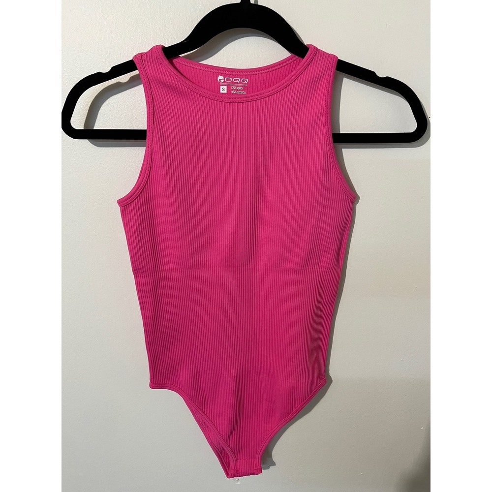 QQQ Womens Ribbed Knit Bodysuit Hot Pink Sleeveless Crew Neck Snap Closure Small
